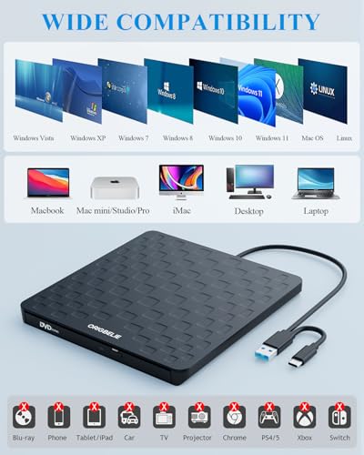 External CD DVD Drive for Laptop, USB 3.0 Type-C, Slim Portable Burner T70166