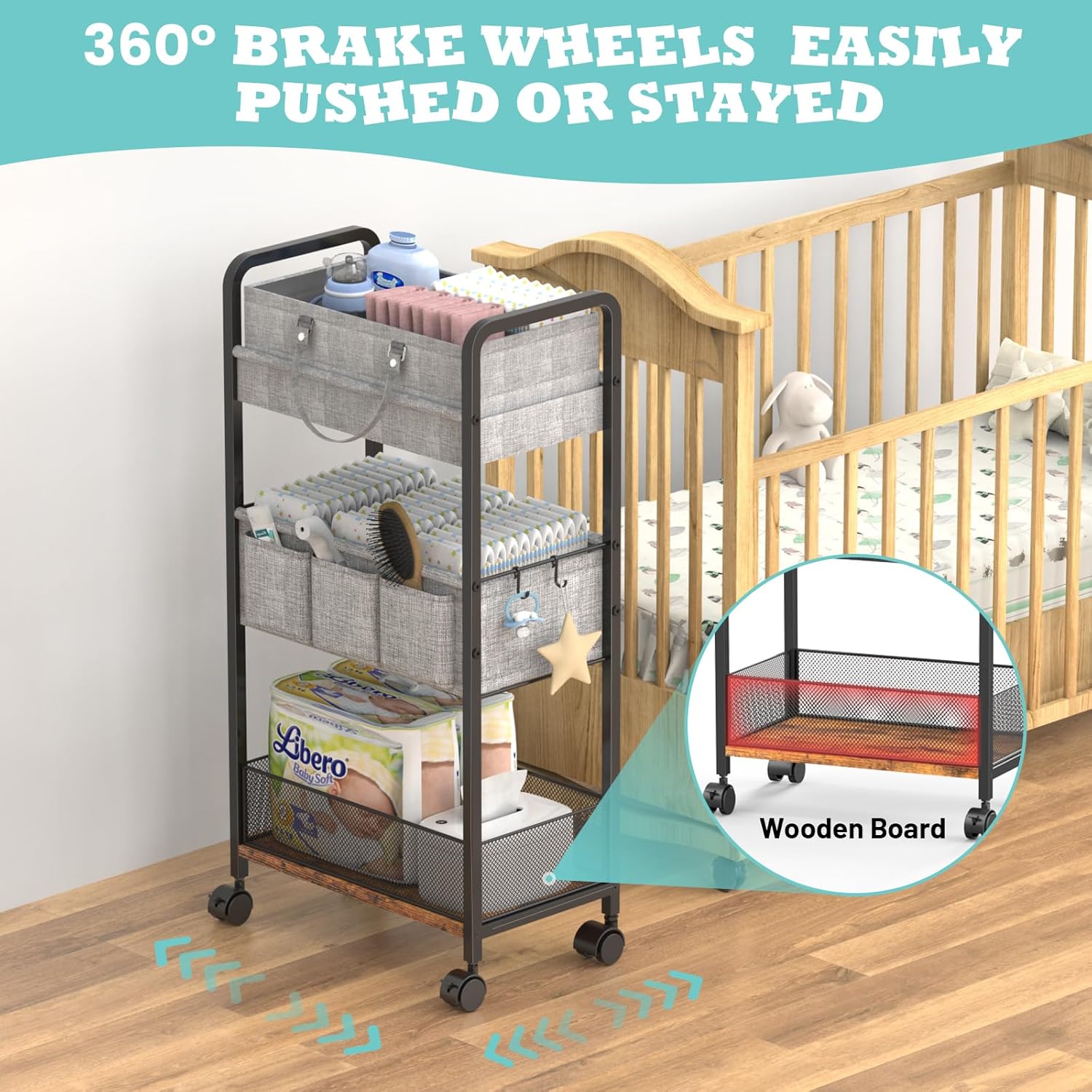 2-in-1 Baby Diaper Caddy & 3-Tier Rolling Cart with Dividers, Metal, Easy to Assemble W57587