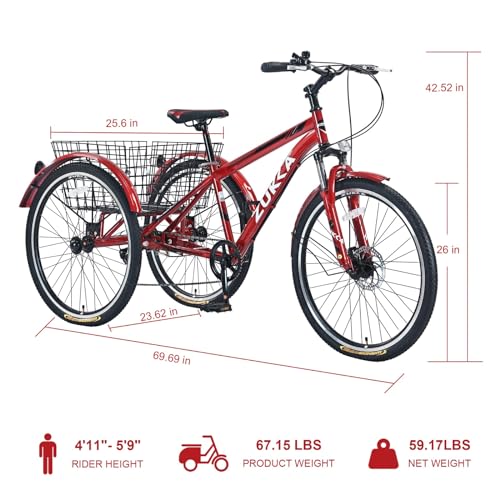 Adult Tricycle Bike 7-Speed 26-Inch 3-Wheel with Basket D678122