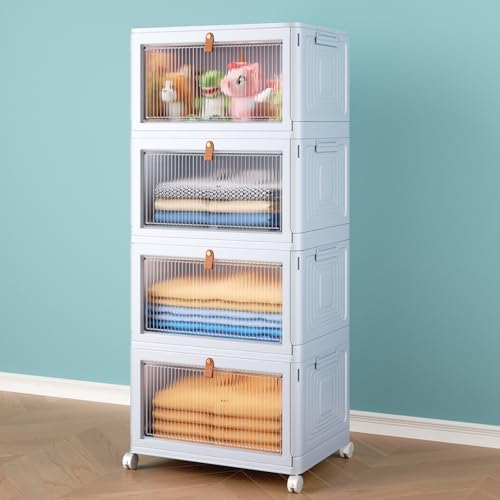 4 Tier Stackable Plastic Storage Bins with Lid and Wheels - 23 QT Closet Organizers and Storage, Foldable Storage Containers, Organization and Storage Boxes for Craft, Home, Pantry, Dorm,Grey