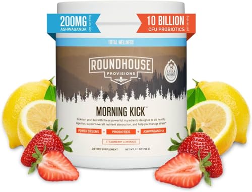 ROUNDHOUSE PROVISION Morning Kick, Zero Sugar Greens Superfood Powder Supplement with Ashwagandha, Collagen, Probiotics, Debloat Drink, 30 Servings (Strawberry Lemonade) by Chuck Norris