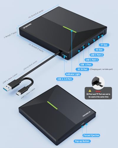 External CD DVD Drive for Laptop, USB 3.0 Type-C, Slim Portable Burner T70166