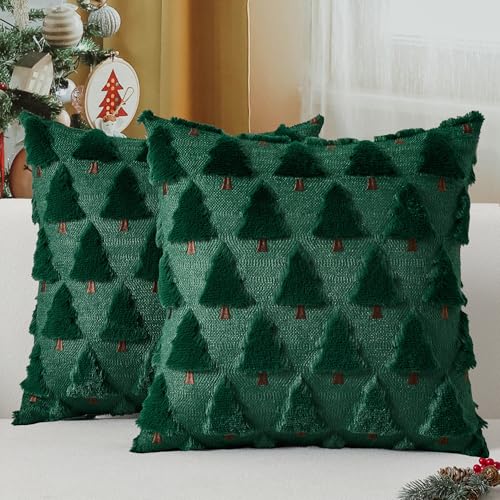 UGASA Star Christmas Decorative Pillow Covers 18x18 Inch Set of 2 Dark Green Q9265