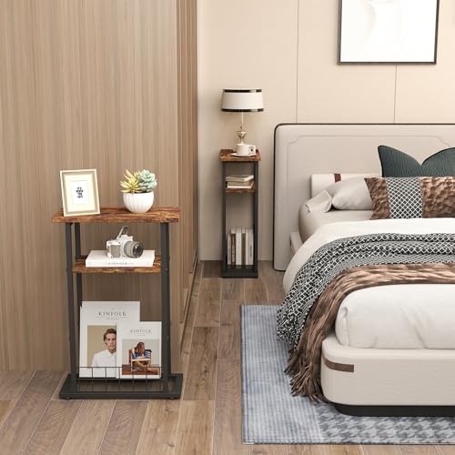 Rustic Brown 3-Tier Narrow Side Table with Magazine Holder I9606