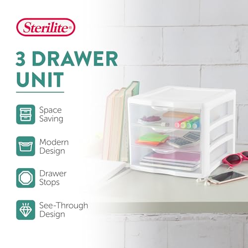 Sterilite 3 Drawer Plastic Desktop Organizer, White Frame, 4-Pack K799