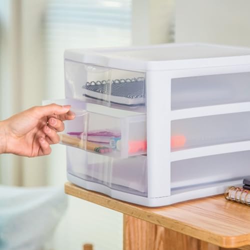 Sterilite 3 Drawer Plastic Desktop Organizer, White Frame, 4-Pack K799