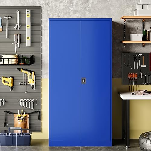 Metal Storage Cabinet with Doors and Shelves, 71" Locking Steel, White L799
