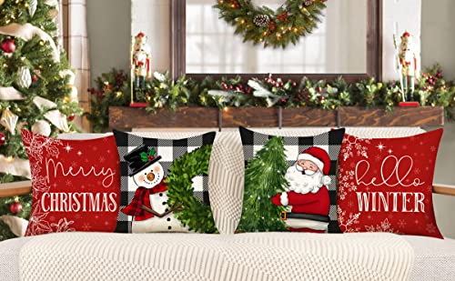 Red Christmas Pillow Covers 18x18 Set of 4 Farmhouse Snowman Santa Tree V263