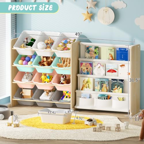 Kids Toy Storage Organizer with Bookshelf, 12 Bin, 4 Shelf, Burlywood E313566
