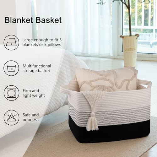 OIAHOMY Large Rectangle Woven Blanket Basket with Handle, Gradient Blue B58762