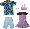 Barbie & Ken Fashions 2-Pack Clothing & Accessories Set, 1 Plaid Dress & Purse for Barbie Doll & 1 Smiley Face Shirt, Denim Shorts & Sunglasses for Ken Doll
