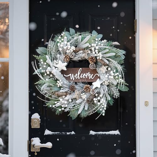 Pinkpuii 24 Inch Artificial Christmas Wreath with Pinecones and Welcome Sign for Front Door H758994