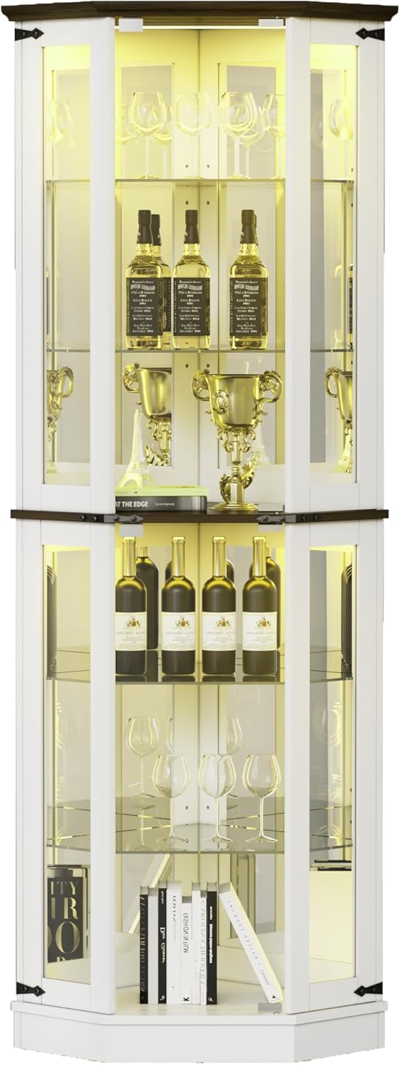 PAKASEPT 71'' Farmhouse Curio Cabinet with LED Lights, Tempered Glass Doors, White A458