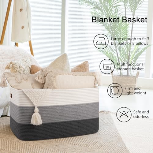OIAHOMY Large Rectangle Woven Blanket Basket with Handle, Gradient Blue B58762