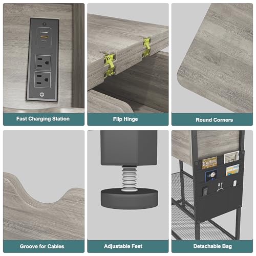 End Table with Fast Charging Station, USB C Ports and Outlets, Flip Top, Rustic Brown R1743