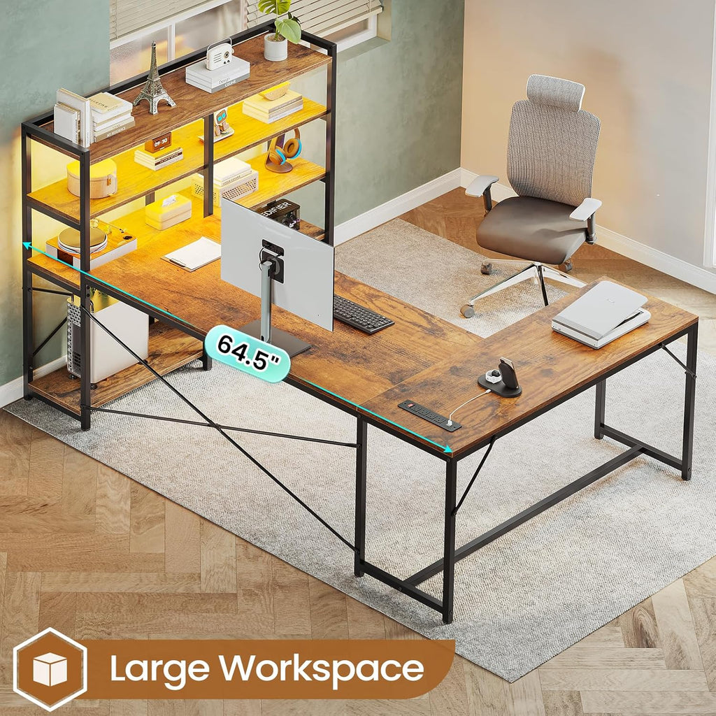 SEDETA L Shaped Computer Desk with Storage Shelves, Power Outlet & LED Light, Rustic Brown D399