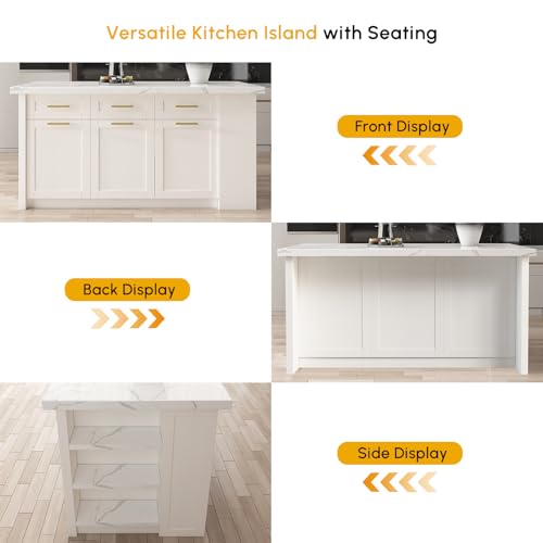 homary 72" Kitchen Island with Storage, White Dining Table with Seating & 3 Drawers H6352