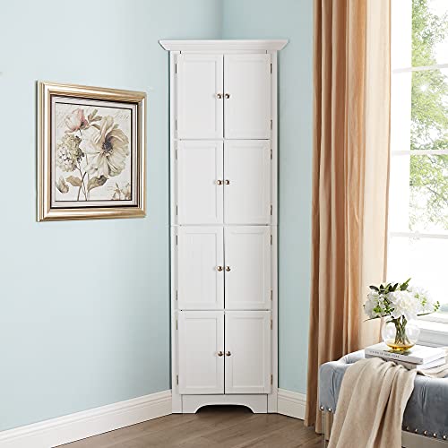 72" Tall Corner Cabinet, Corner Storage Cabinet with Doors and 4 Shelves, Modern Freestanding Corner Bathroom Cabinet Organizer for Bathroom Living Room Kitchen Dining Room Office (White)