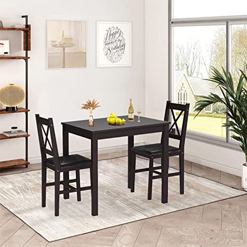3 Piece Wooden Kitchen Table Set for 2, Brown Y10319