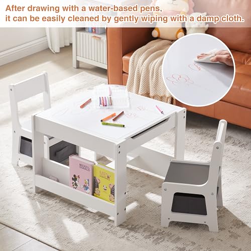 Kids Table and 2 Chair Set with Storage Drawer, White & Grey L956600