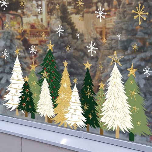 Whaline 9 Sheet Christmas Window Clings Snowy Forest Trees Reusable Window Decals H27510