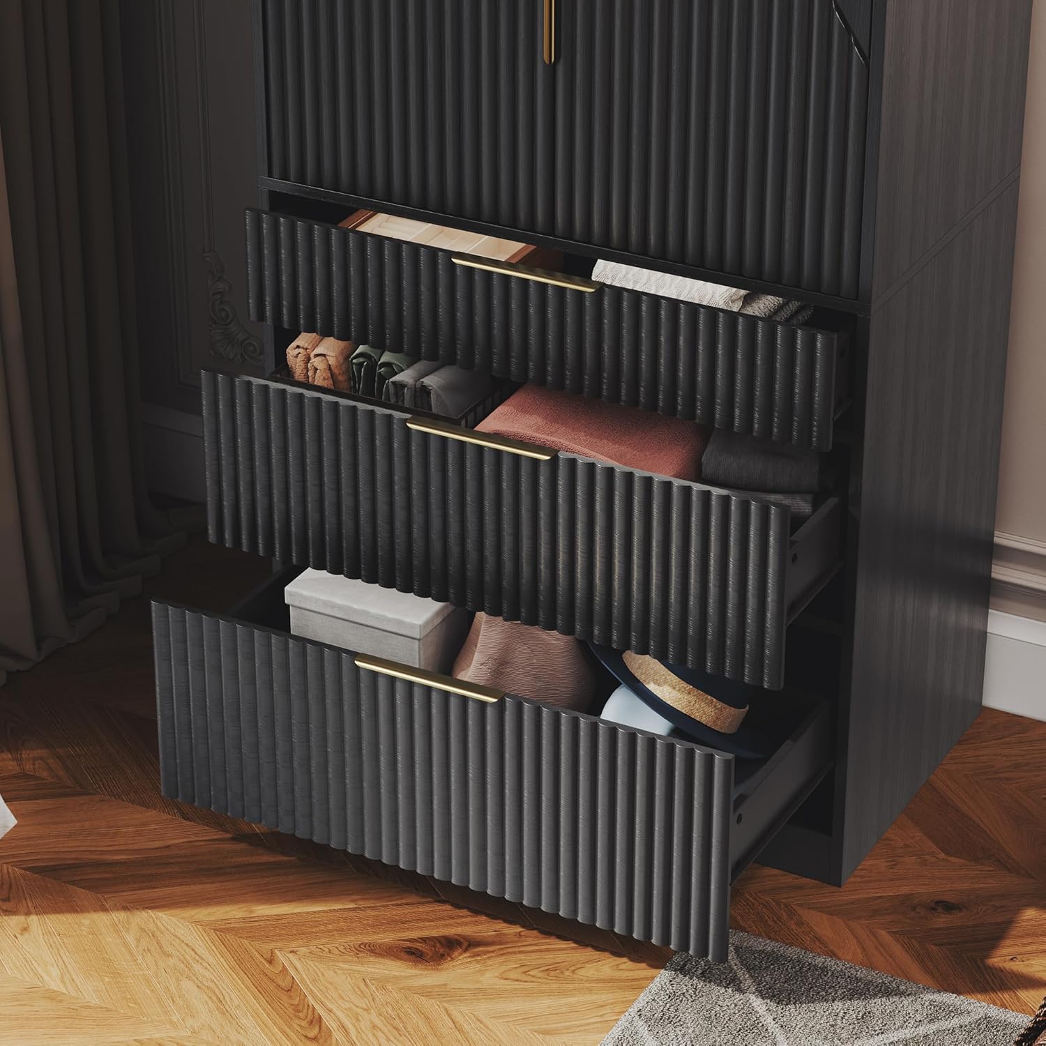 71.7" Wooden Wardrobe Armoire with 2 Doors and 3 Drawers, Black R48741