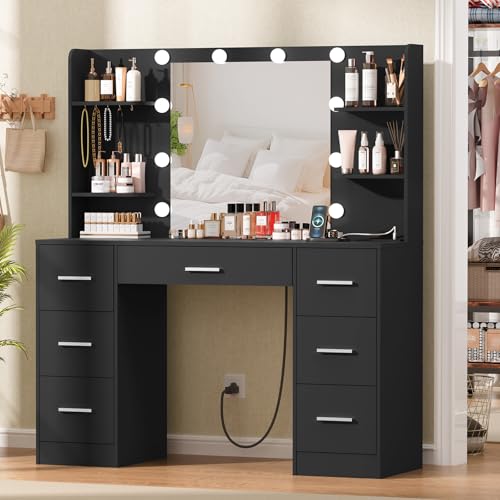 Quimoo Large Vanity Desk with LED Mirror & Power Outlet, White L335