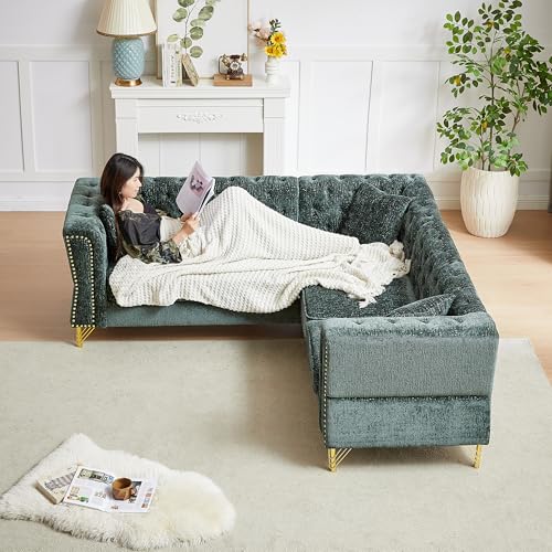 81.5" Chesterfield Chenille L-Shaped Sectional Sofa, 5-Seater, Gray O351