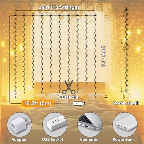 600LED Curtain Lights for Bedroom, Warm White, 8 Modes Y367582