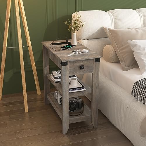 Fameill End Tables Set of 2, Narrow Side Table with Charging Station, Rustic Grey X913791
