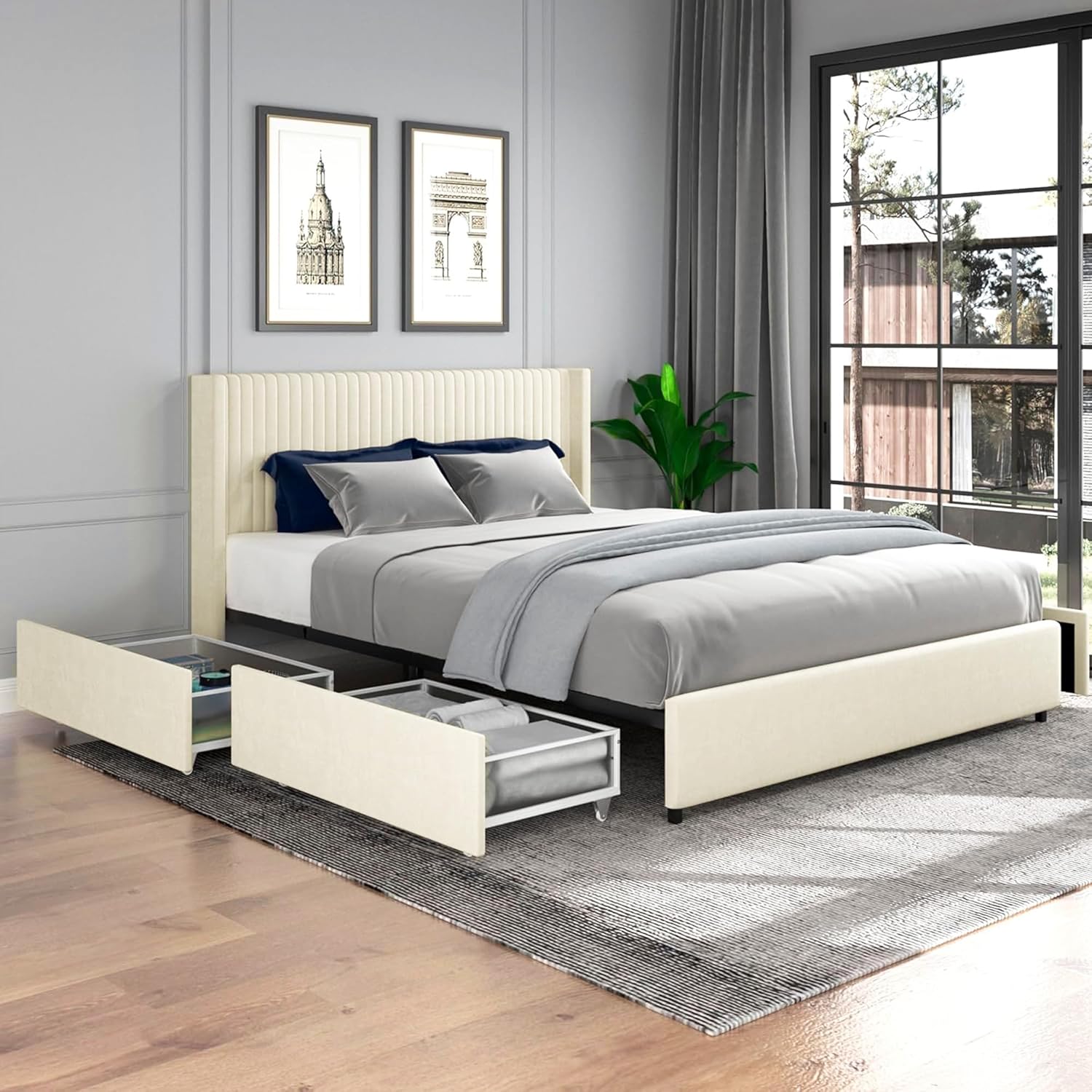 Dolonm Queen Size Upholstered Bed Frame, Platform Bed with Patented 4 Drawers Storage and Headboard, Button Tufted and Wingback Design, Mattress Foundation with Wooden Slats Support, Ivory Velvet