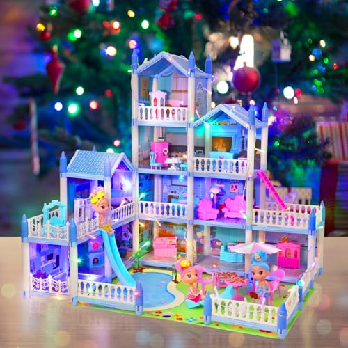 Dollhouse 4-Story 11 Rooms with Furniture and Pool Slide for Toddlers Girls W52940