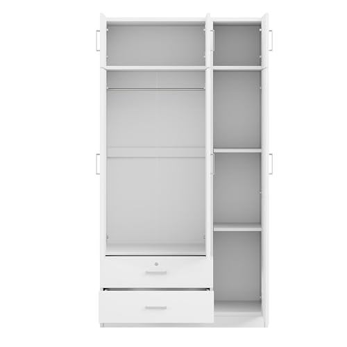 Mirror 3 Doors Closet Wardrobe with 2 Drawers and Top Cabinet, White T40591