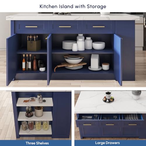 homary 72" Kitchen Island with Storage, White Dining Table with Seating & 3 Drawers H6352