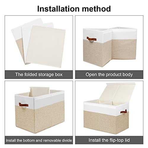 Large Toy Storage Box with Lid and Dividers for Kids, Beige and White X95078