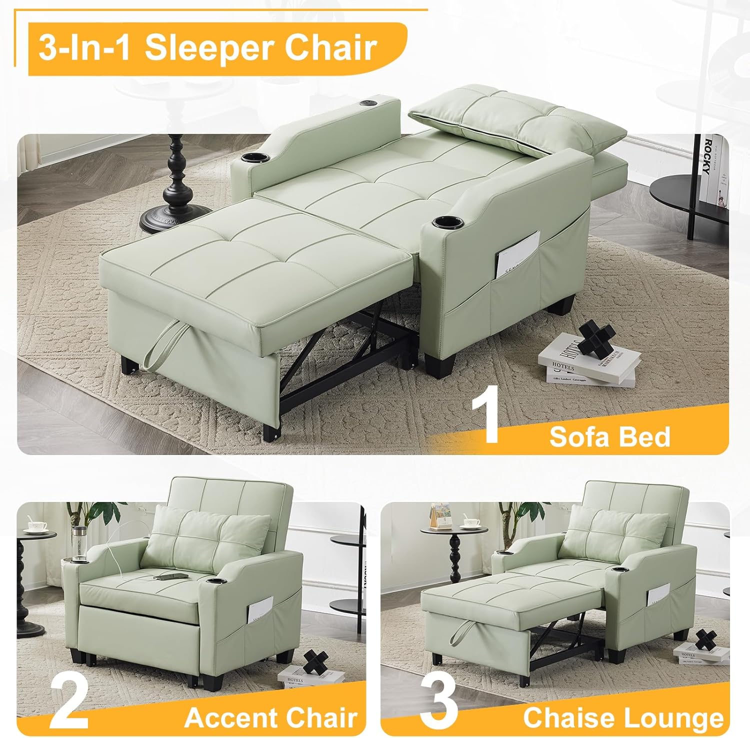 Karl home Sleeper Chair 3-in-1 Pull Out Sofa Bed with USB Ports, PU Leather Mint Green S3213