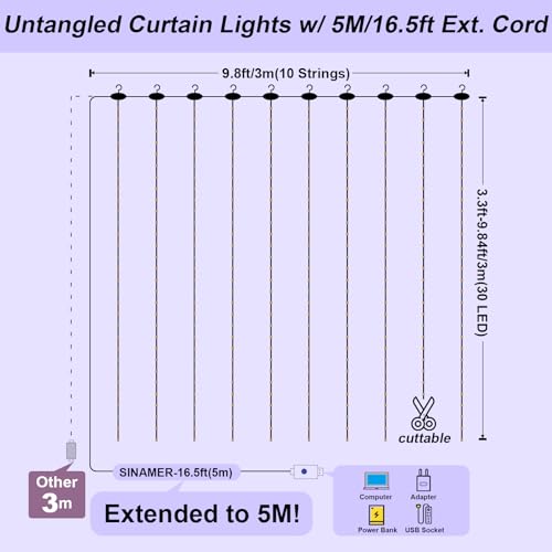600LED Curtain Lights for Bedroom, Warm White, 8 Modes Y367582