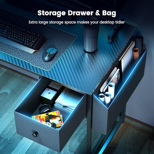 L Shaped Gaming Desk 47 Inch with RGB Lights and Power Outlet I989438