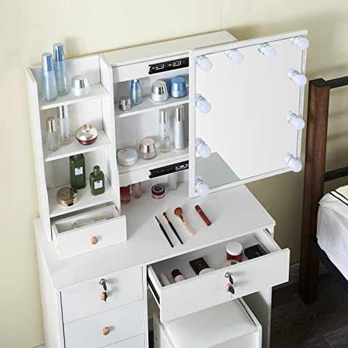 White Vanity Desk Set with 10 LED Lights and Charging Station W7137