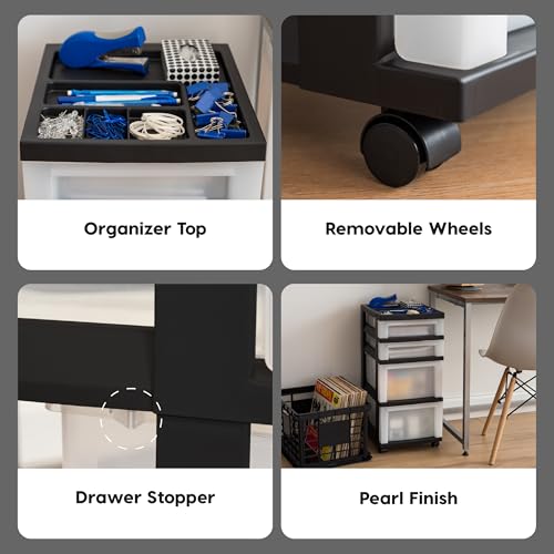 IRIS USA 4-Drawer Plastic Rolling Storage Cart with Wheels, Black/Pearl E270856