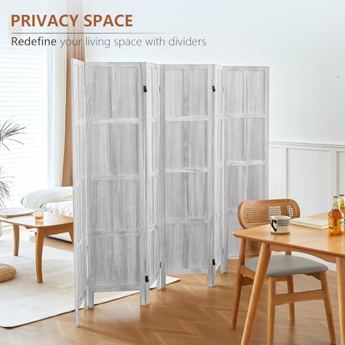 Wood Room Divider 4 Panel, 5.6 FT Tall Folding Privacy Screen, Retro White K4688