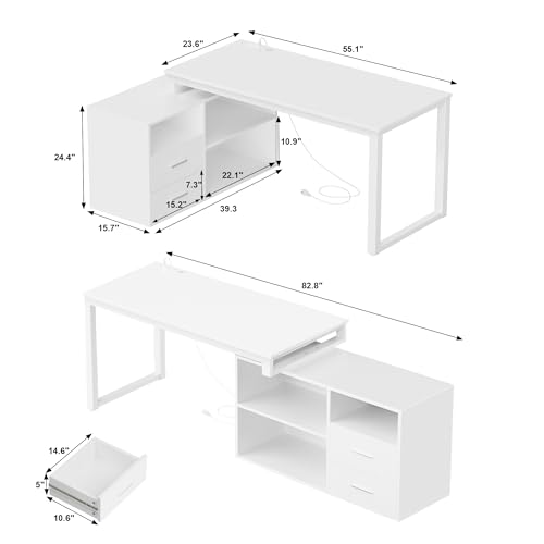 L-Shaped Desk with File Cabinet & Power Outlet, 55 Inch White K40680