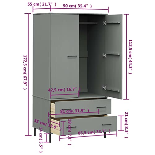 Wardrobe with Metal Legs Gray Solid Wood OSLO L183