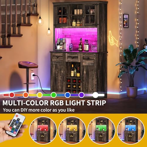 DWVO Coffee Bar Cabinet with Power Outlet and Lights, Farmhouse Pantry Cabinet, Dark Rustic Oak H8447