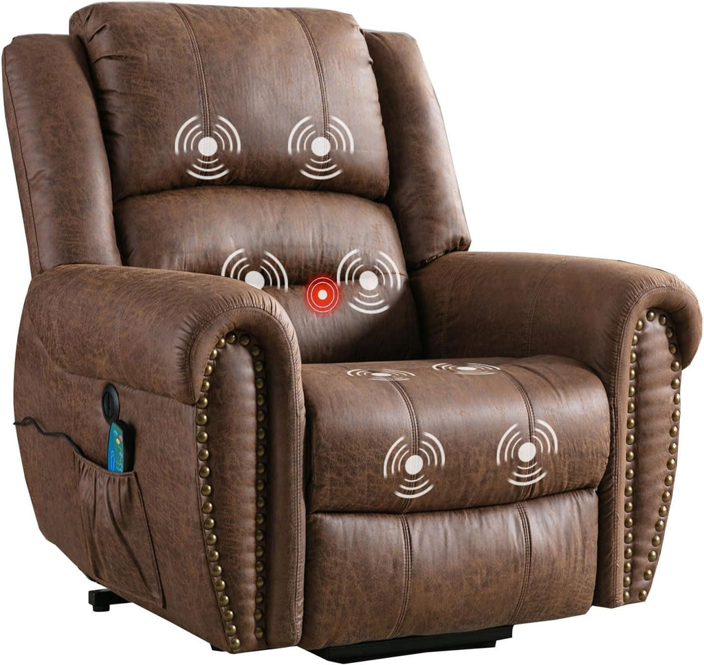 Phoenix Home Power Lift Chair for Elderly Leather Electric Reclining with Massage and Heating, Brown J82667
