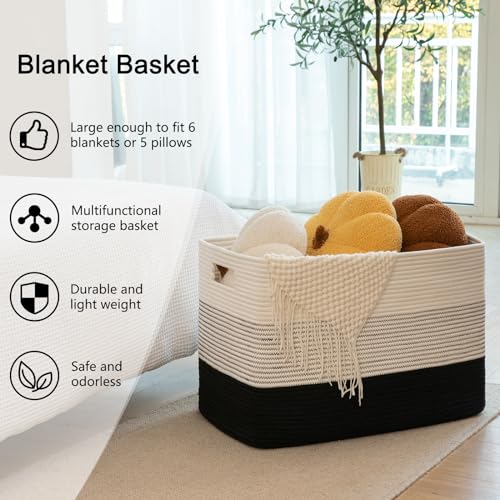 OIAHOMY Large Rectangle Woven Blanket Basket with Handle, Gradient Blue B58762