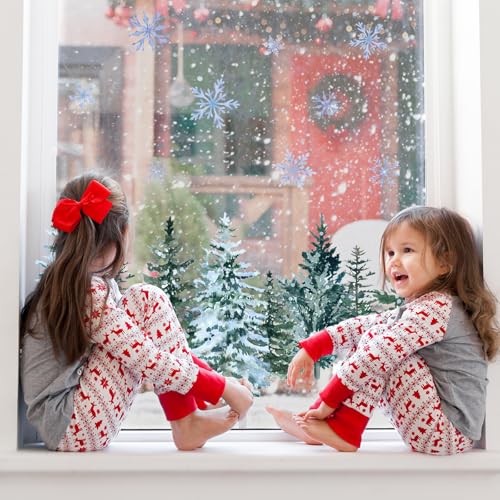 Whaline 9 Sheet Christmas Window Clings Snowy Forest Trees Reusable Window Decals H27510