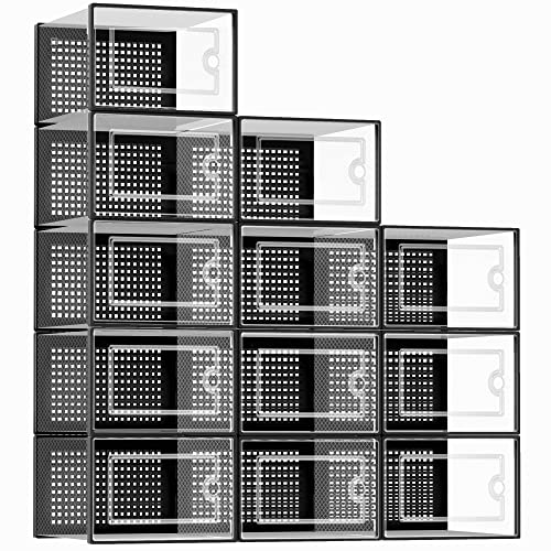Kuject X-Large Shoe Storage Boxes Organizers Clear Plastic Stackable 12 Pack, Shoe Rack & Holder Substitute, Sneaker Containers, Toy Storage Organizer Bins for Entryway, Closet, Under Bed, Blue