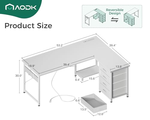 AODK L Shaped Gaming Desk with 4 Drawers, Power Outlets, Black P81263