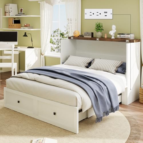 Full Size Murphy Bed with Charging Station and Storage Drawer, White X622658